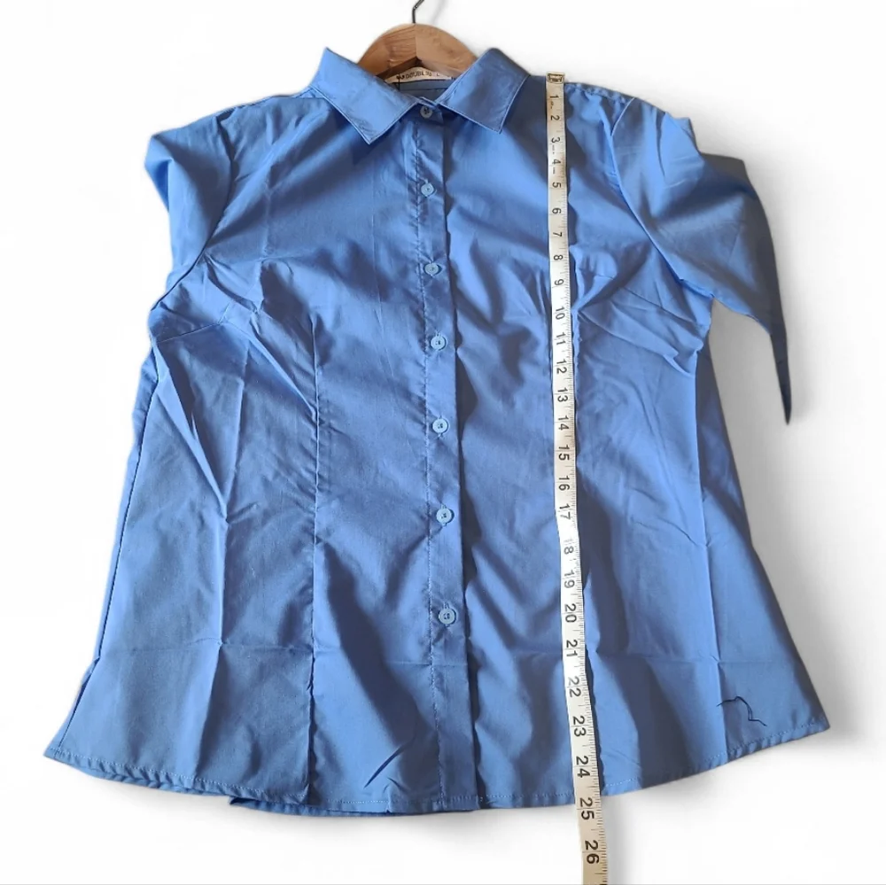 Women's Doublju Brand Slim Fit Dress Shirt Half Sleeve Stretch Size L Blue NWT! - Picture 7 of 12